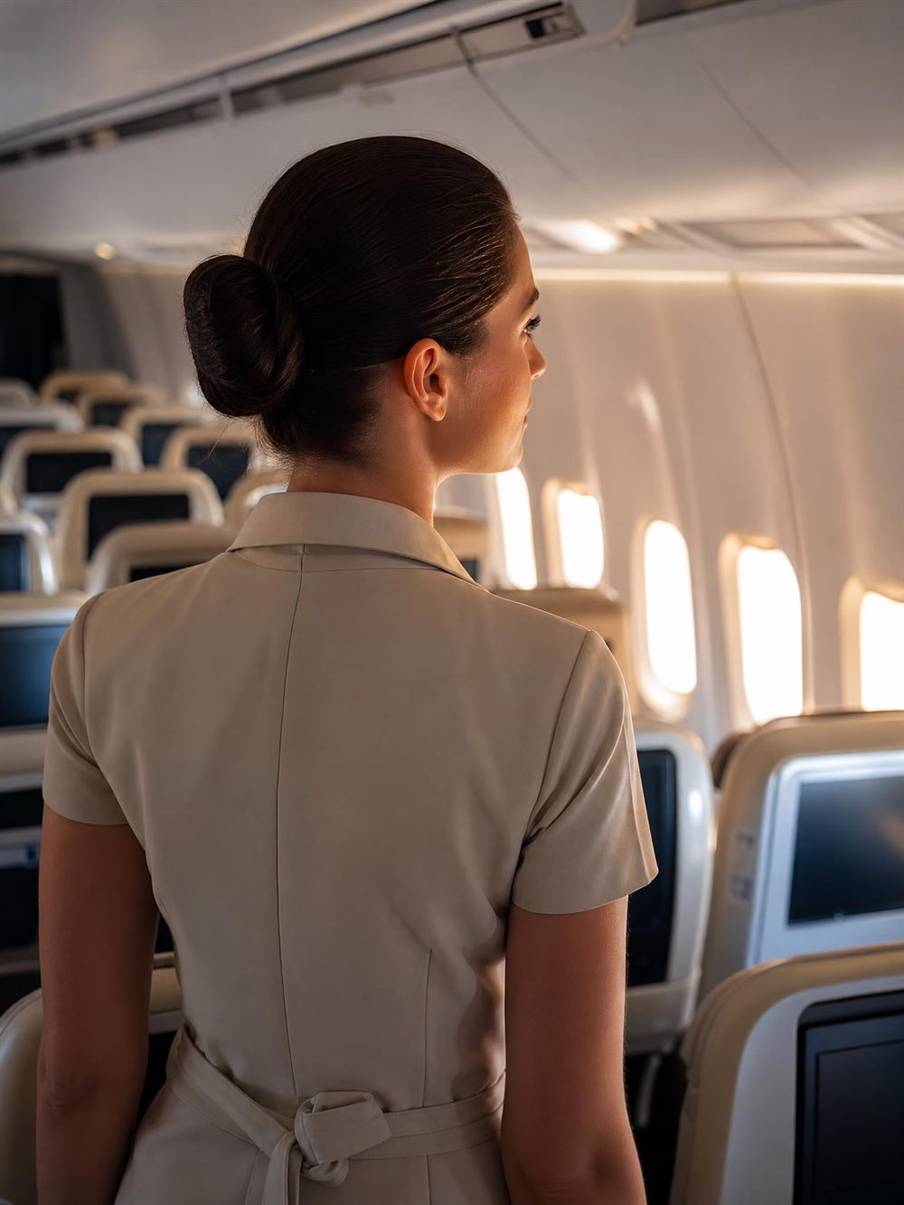 Cabin crew member preparing the cabin before boarding